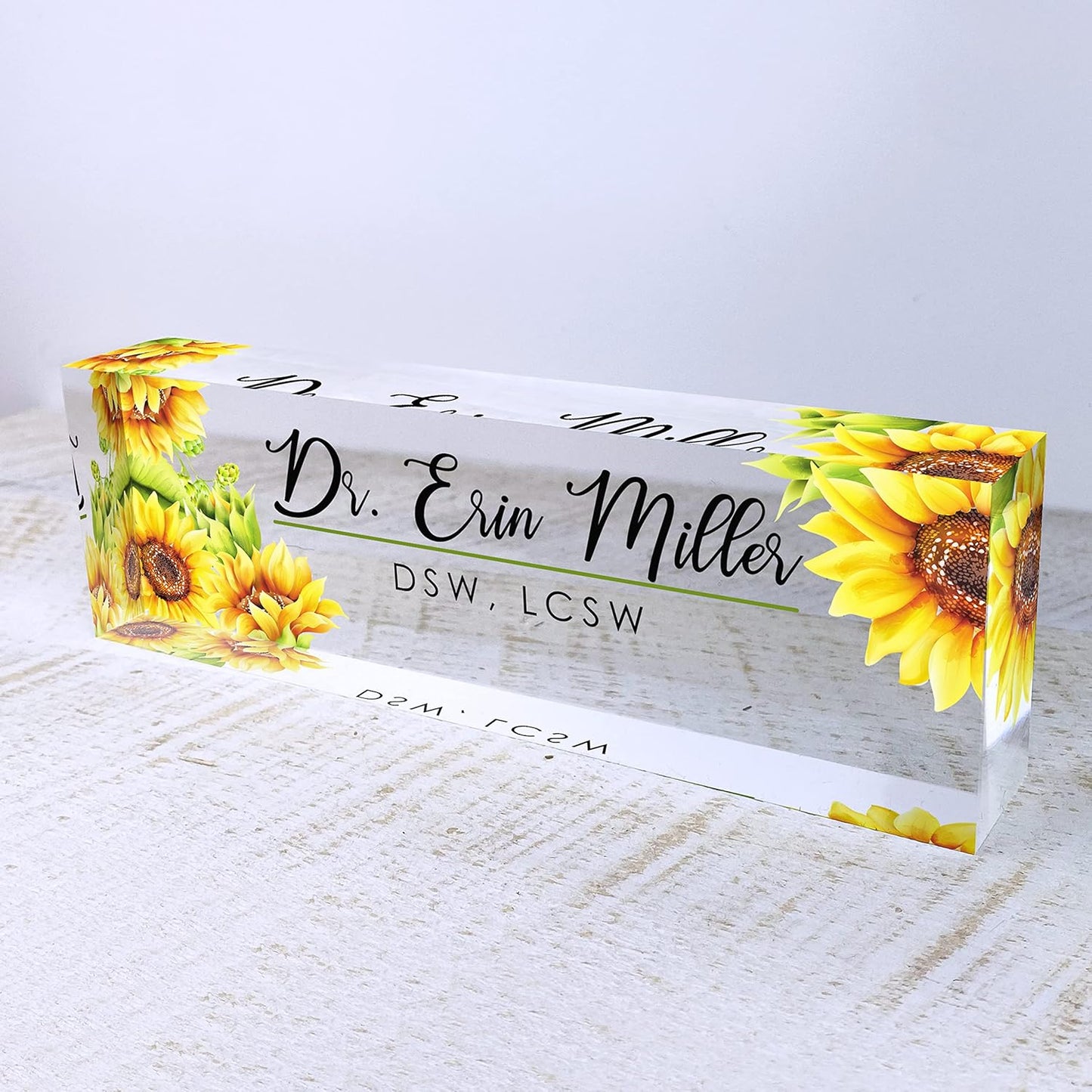 Artblox Office Desk Name Plate Personalized | Custom Name Plates for Desks | Sunflowers Design On Clear Acrylic Glass | Office Desk Decor - (8" x 2.5")
