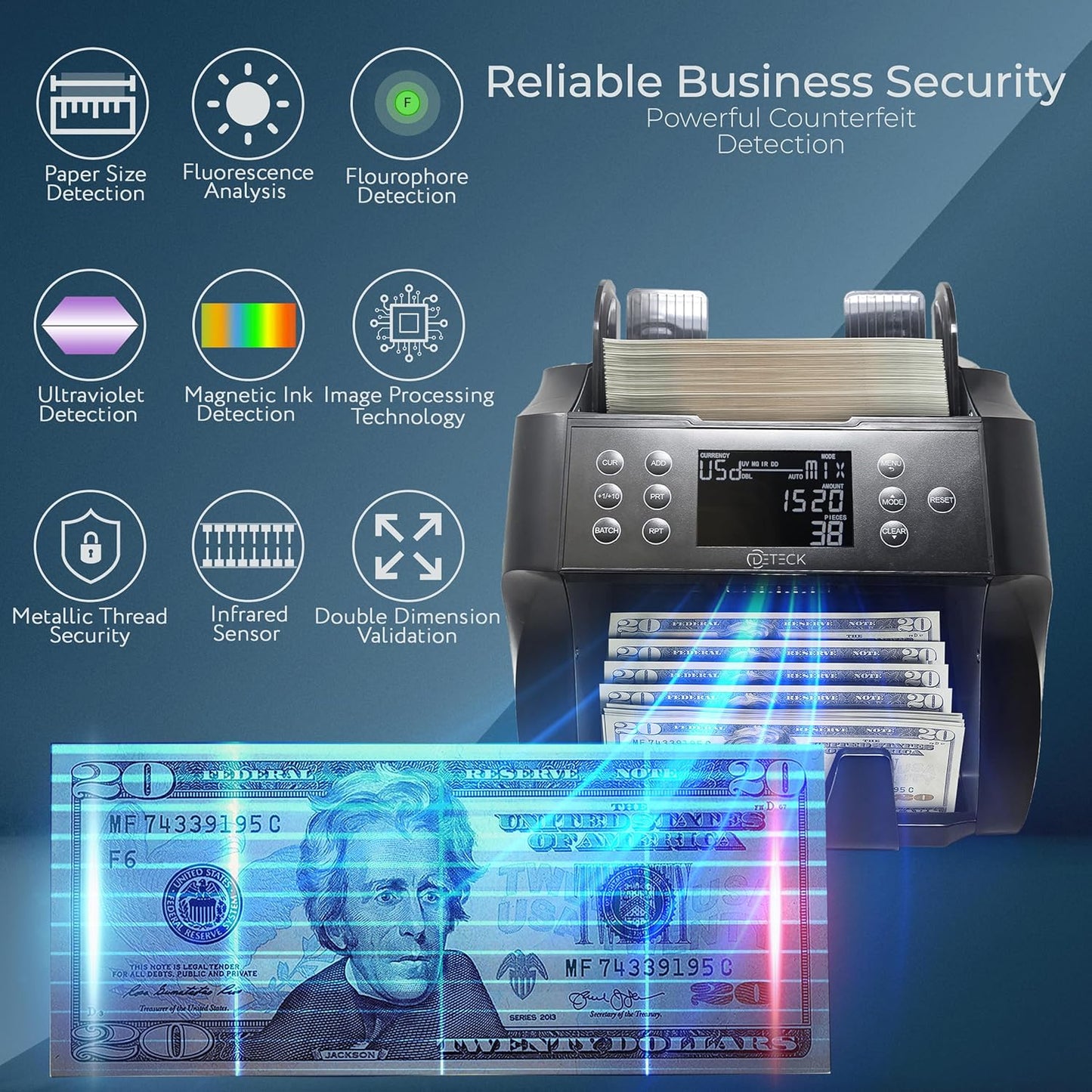 DETECK DT500 Mixed Denomination Money Counter, Multi Currency, Bill Counter 2CIS/UV/IR/MG/MT Counterfeit Detection, Cash Counter Serial Number, Printer Enabled