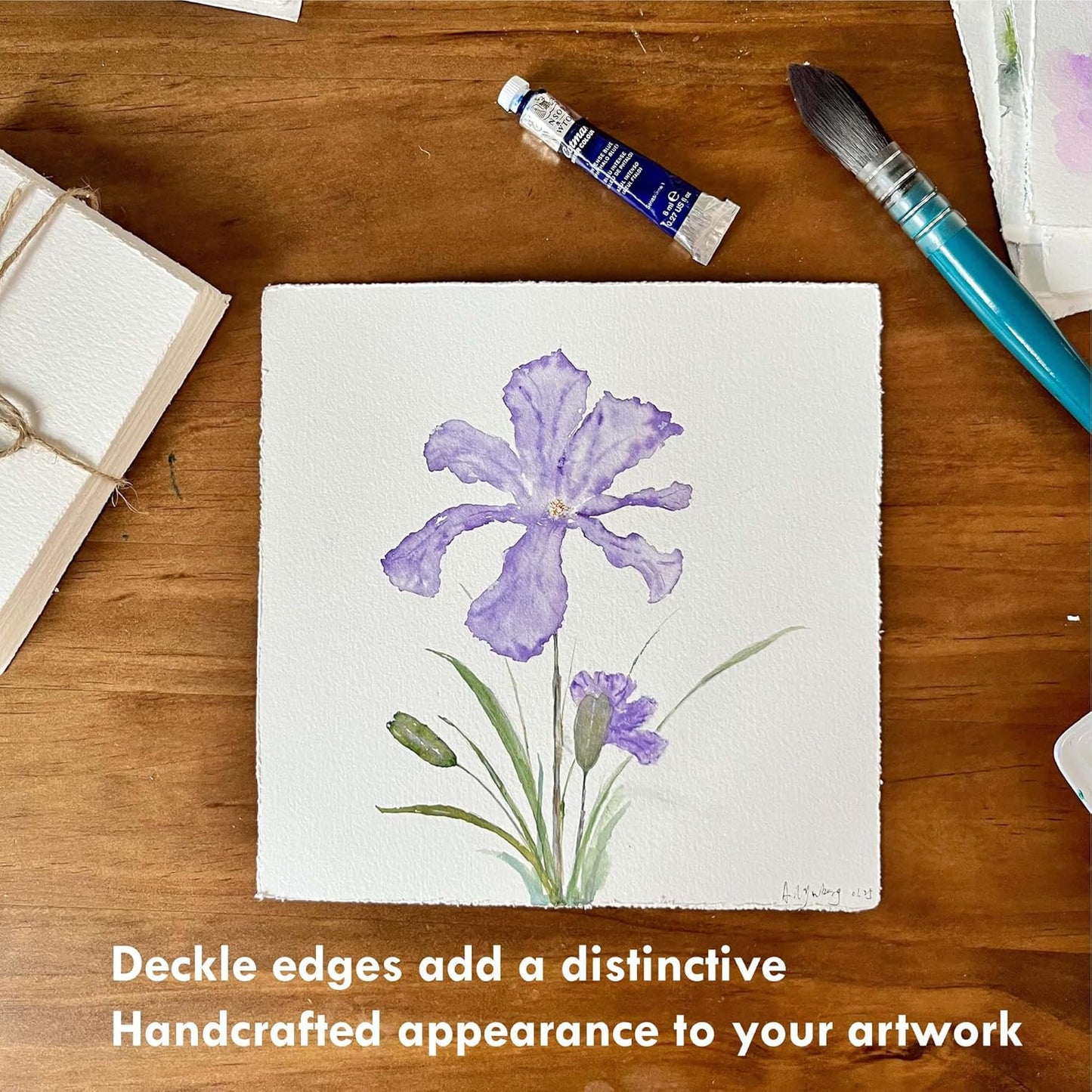 Deckle Edge Watercolor Paper, 100% Cotton, 140 LB, 300 GSM, 8x8”, 30 Sheets Mixed Media Paper for Dry & Wet Technique, Acid Free, tumuarta Blank Cards is Perfect for Greeting Cards & Thank You Notes