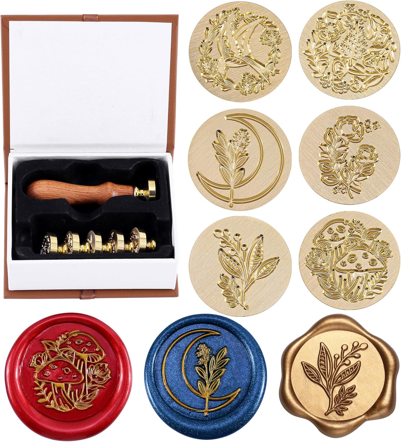 Yoption 6 Pieces Botanical Wax Seal Stamp Set, Vintage Plant Flower Sealing Wax Stamp Heads + 1 Wooden Handle with Gift Box for Wedding Invitation, Christmas, Gift Idea