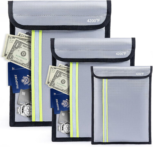 Fireproof Document Bag 3 Pack (15"x11", 13"x10", 10"x8") – Fireproof & Waterproof Money Bags with Zipper & Reflective Strip | Document Holder for Cash, Passports, Birth & Marriage Certificates