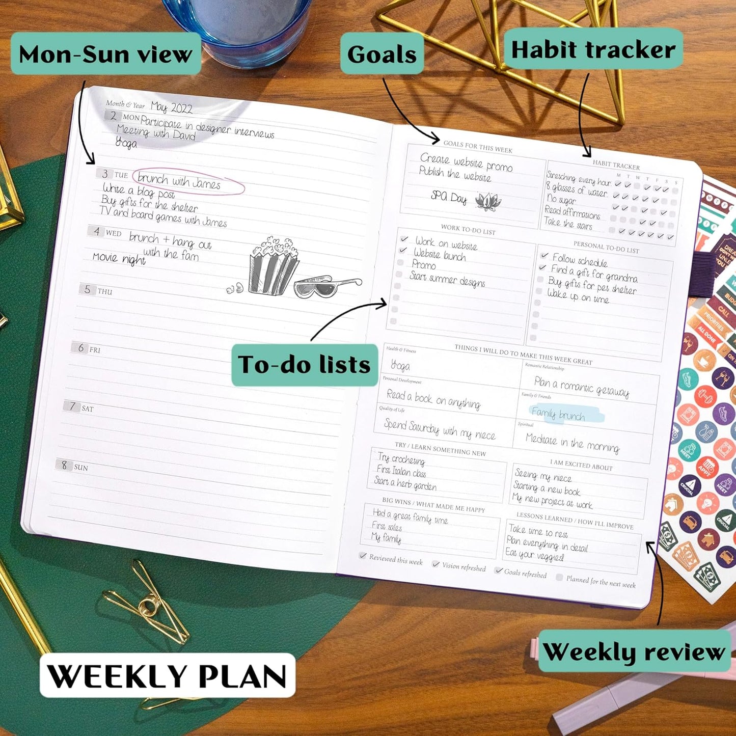 Legend Planner PRO – Deluxe Weekly & Monthly Life Planner to Increase Productivity and Hit Your Goals. Time Management Organizer Notebook – Undated – 7 x 10" Hardcover + Stickers – Dark Purple