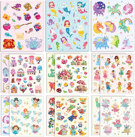 300+ Holographic Stickers for Kids, 15 Different Sheets of Fairy Tale Themed Glitter Kids Stickers, Princess, Mermaid, Dragon, Unicorn and More, Gifts for Toddlers Boys and Girls