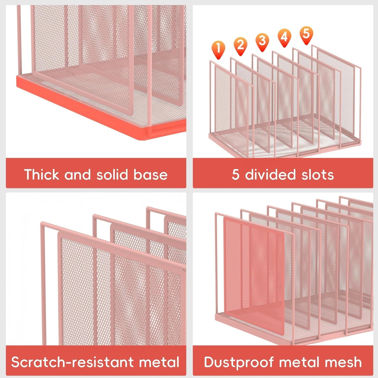File Organizer for Desk, 5-Section Vertical File Sorter, Paper Holder Organizer Standing Metal File Folder for Office Home Classroom, Pink