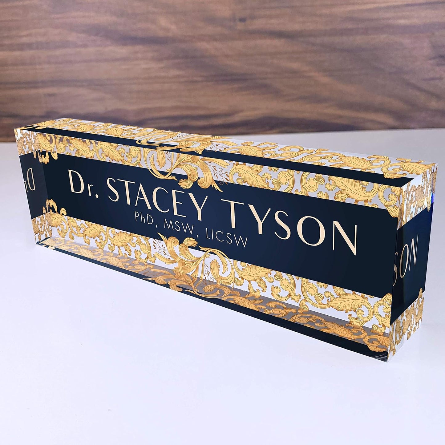 Artblox Office Desk Name Plate Personalized | Custom Name Plates For Desks | Leaf Gold Design On Clear Acrylic Glass | Cute Office Desk Accessories Customized Gifts - (8" x 2.5")