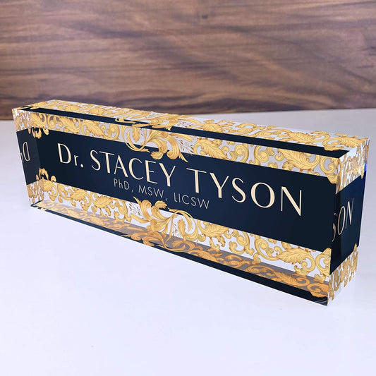 Artblox Office Desk Name Plate Personalized | Custom Name Plates For Desks | Leaf Gold Design On Clear Acrylic Glass | Cute Office Desk Accessories Customized Gifts - (8" x 2.5")