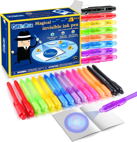 GIFTINBOX Invisible Ink Pen, 16PCS Spy Pen with UV Light for Kids, Birthday Party Favors for Kids 4-8 8-12, Classroom Prize for Students Magic Marker for Secret Message