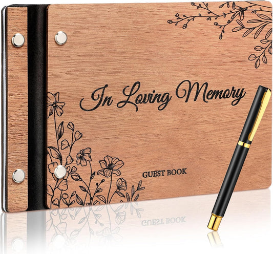 Funeral Wooden Guest Book with Pen 8 x 6 Inches 120 Pages Memory Scrapbook Rustic Signature Party Sign in Xmas Gift for Couple Guests Book
