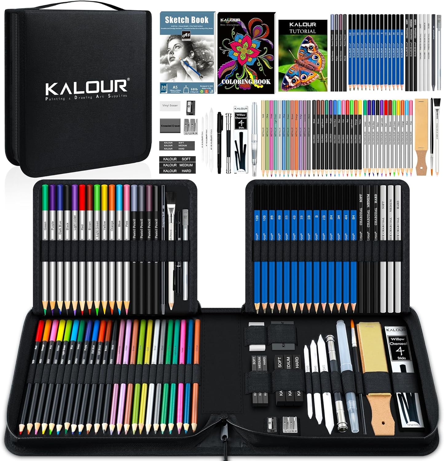 KALOUR 82 Pack Drawing Sketching Kit, Pro Art Supplies with Sketchbook, Include Tutorial,Colored, Graphite, Charcoal, Watercolor,Metallic & Pastel Pencils, Drawing Set for Adults Teens Beginner