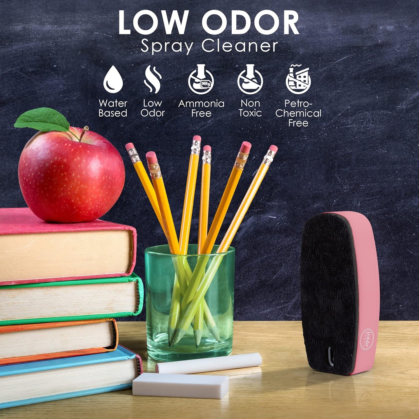 Loddie Doddie 2-in-1 Magnetic Pink Dry Erase Board Eraser - Blush Ergonomic TPE - Magnetic Holder for Whiteboard & Chalkboard - Non-Toxic Cleaner Spray & Bonus Microfiber Cloth - Teacher Supplies