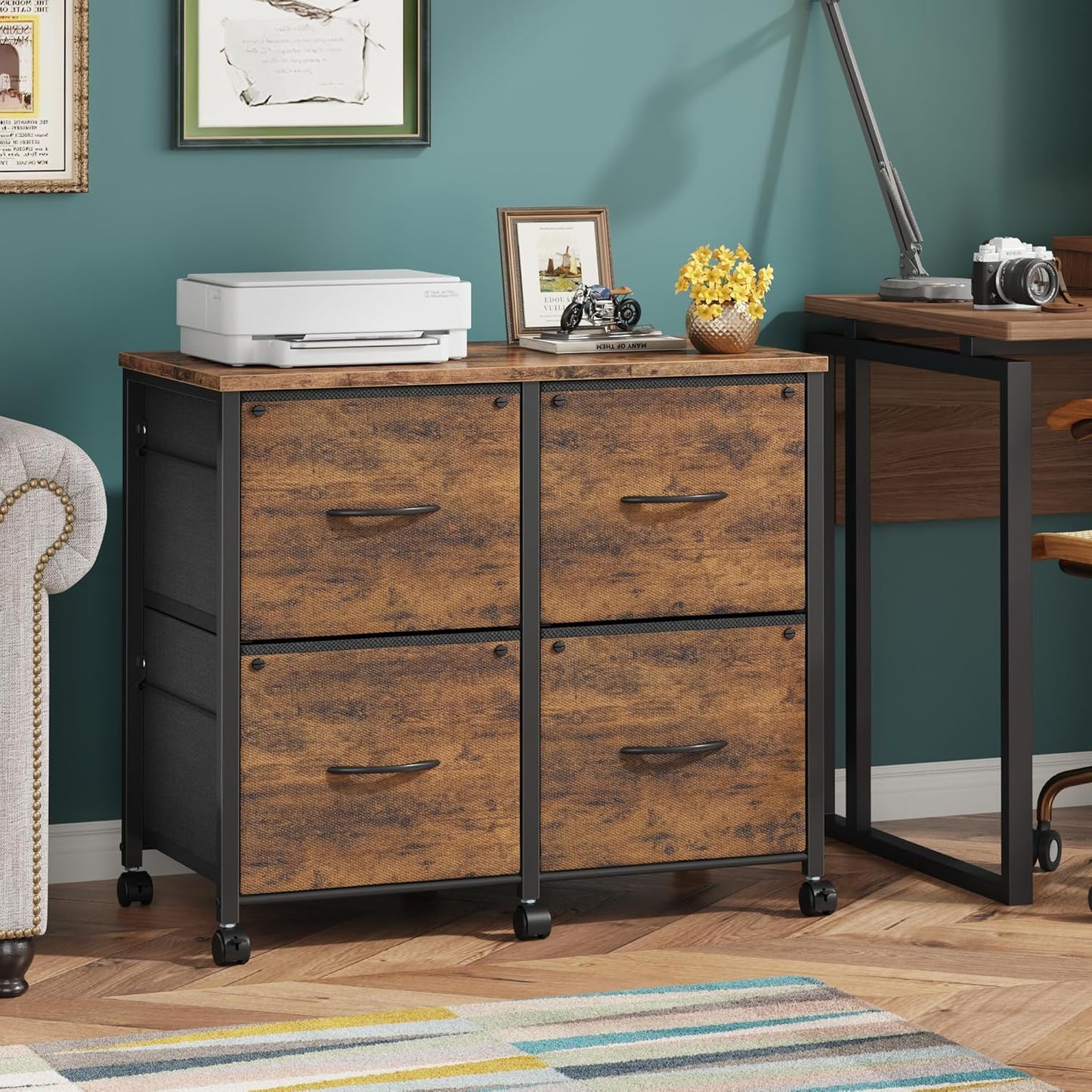 Lateral File Cabinet 4 Fabric Drawer, Mobile Filing Cabinet for Large Printer, Home Office Functional Small Office Storage Cabinet & Printer Stand, Fits A4/Letter Size, 30.4''W, Rustic Brown