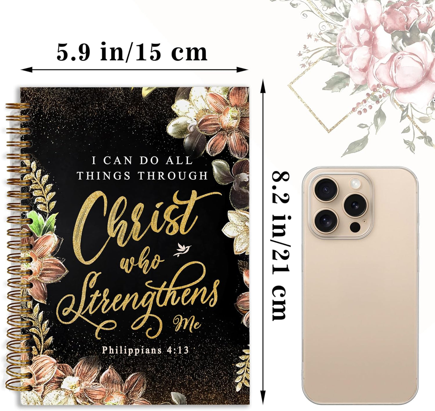 Bible Notebook, A5 Spiral Christian Journal with Floral Notebook, Bible Verse-I Can Do All Things Through Christ Who Strengthens Me, Inspirational Notebooks for Women, Gift for Birthday Christmas