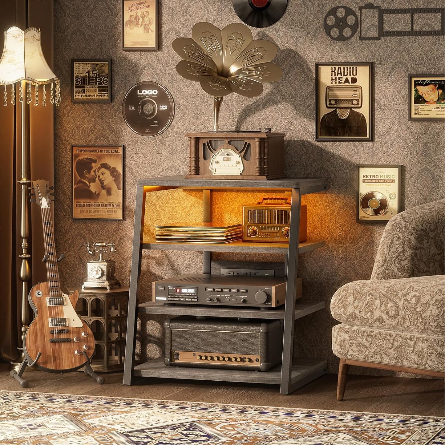 AV Media Stand with Outlets, Media Console with LED Lights, Stereo Racks and Stands with Storage Shelves, Media Audio Tower Stand, Light Grey Walnut