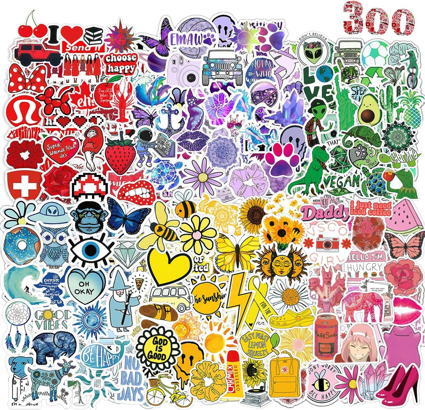 Water Bottle Stickers 300 Pcs Color Cute Sticker Pack, Waterproof Vinyl Stickers for Water Bottles Laptop Tablet Scrapbook Journal Skateboard Scooters Notebook Diary Lunch Box Suitcase Kindle etc