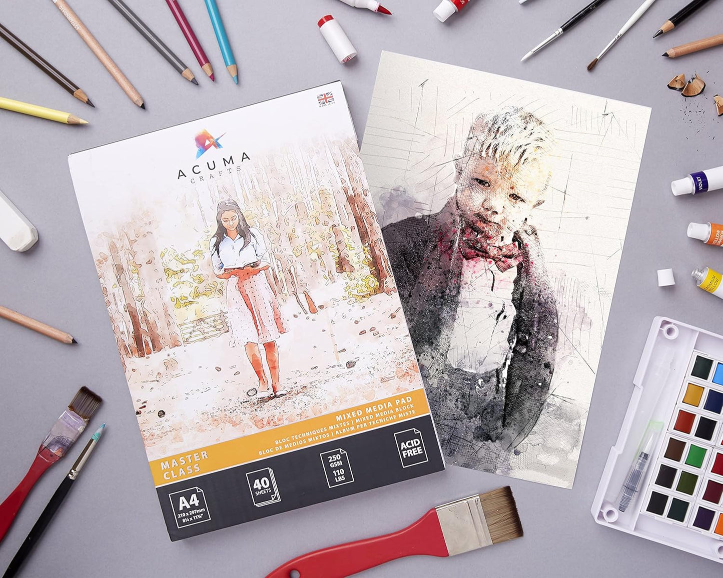 Mixed Media Paper Art Pad, 40 Sheets, A4 Size 110 lb/250 GSM, Glue Bound, Bleedproof, Acid Free, Cold Pressed for Artists Wet, Mixed Media Drawing and Techniques, Made in UK by Acuma Crafts