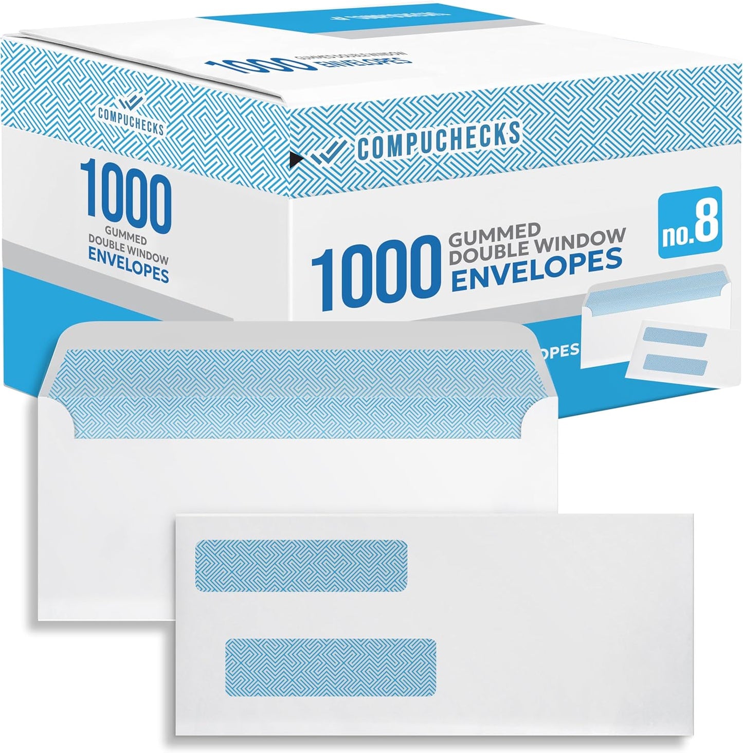 Compuchecks Double Window Envelopes #8 - Gummed, Security Business Mailing Check Envelopes - Tamper Evident, Security Tint - 1000 Count – Guaranteed to fit QuickBooks Checks