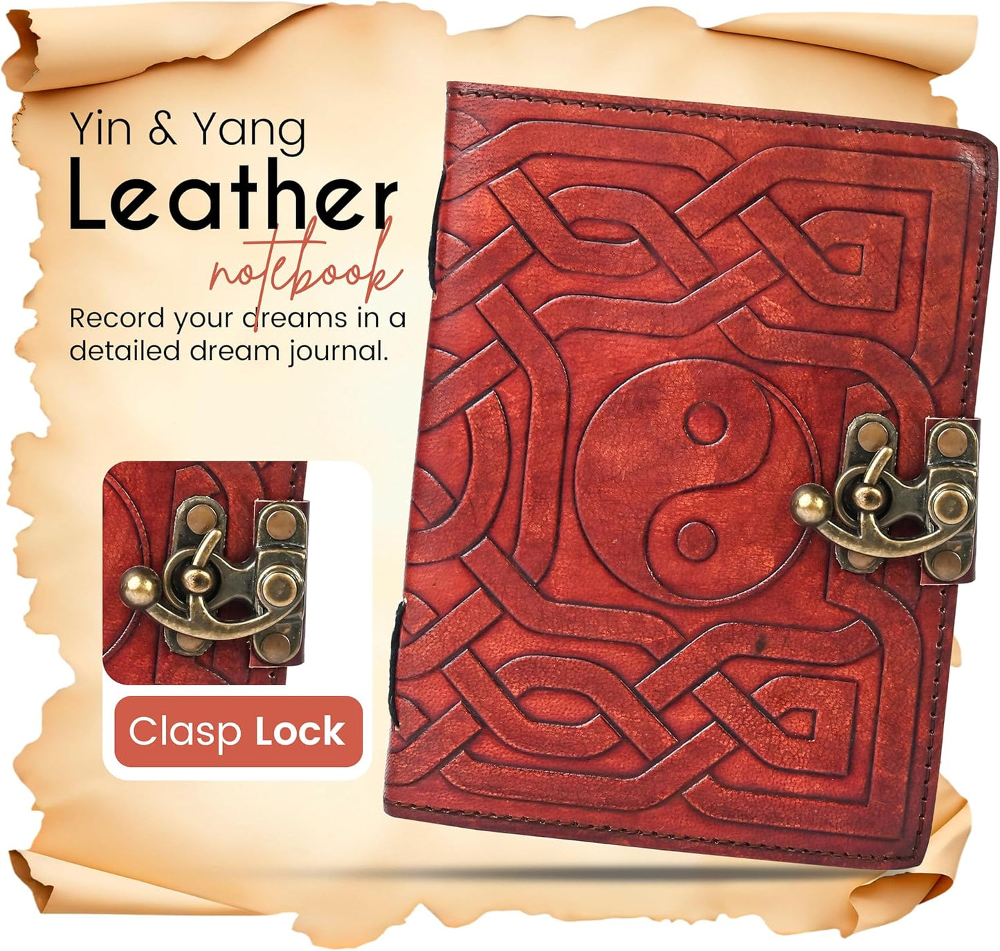 Yin & Yang Vintage Leather Journal with Antique Clasp Lock – 200 White Page Antique Deckle Edge Leather Bound Notebook – 5"X7" Notebook Journal for Writing, Drawing, Home, Office, Travelling (Brown)