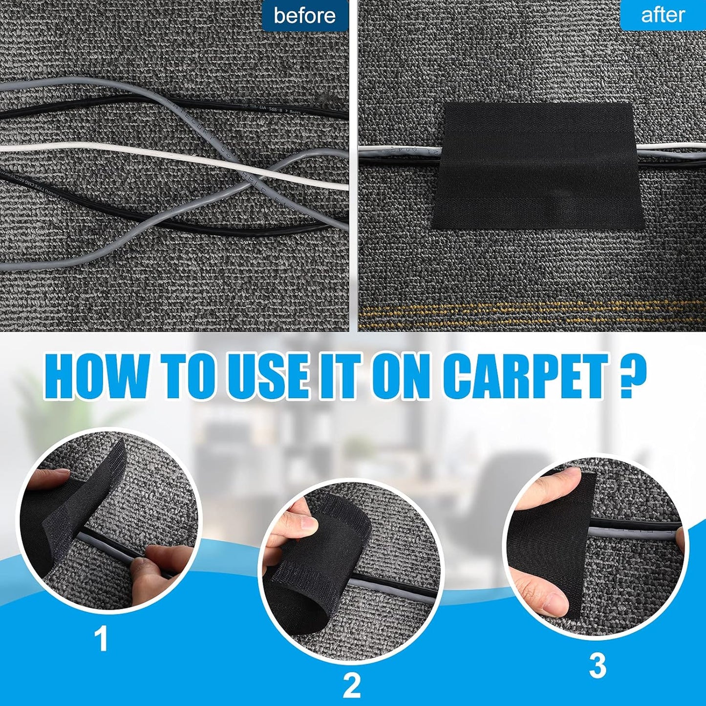 WILLBOND Carpet Cord Cover Cable Grip Floor Cover Cable Protector Management Only for Commercial Office Carpet(Black,29.53 ft)