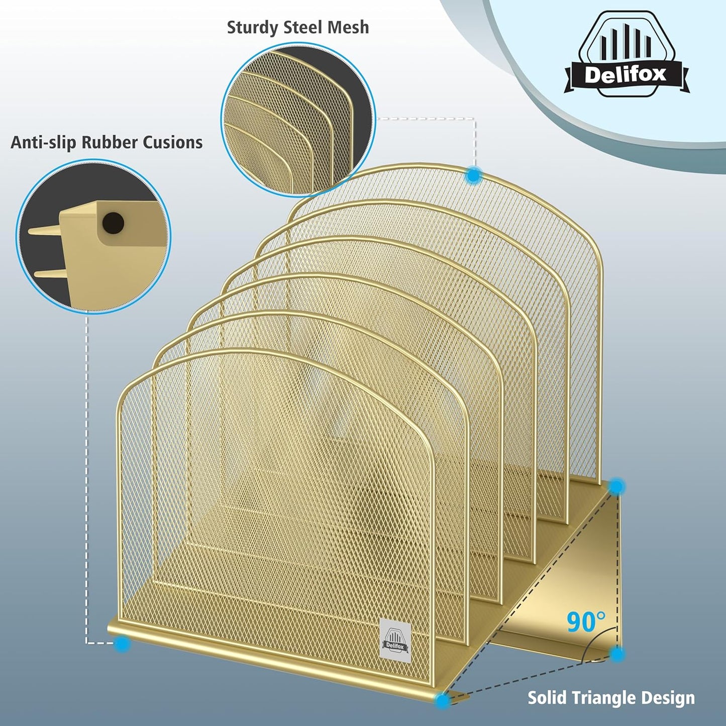 Inclined Desk File Organizer, 5-Section Vertical File Folder Holder Stand Metal Rack File Sorter for Office Classroom Desktop Organization (Gold, 1Pack)