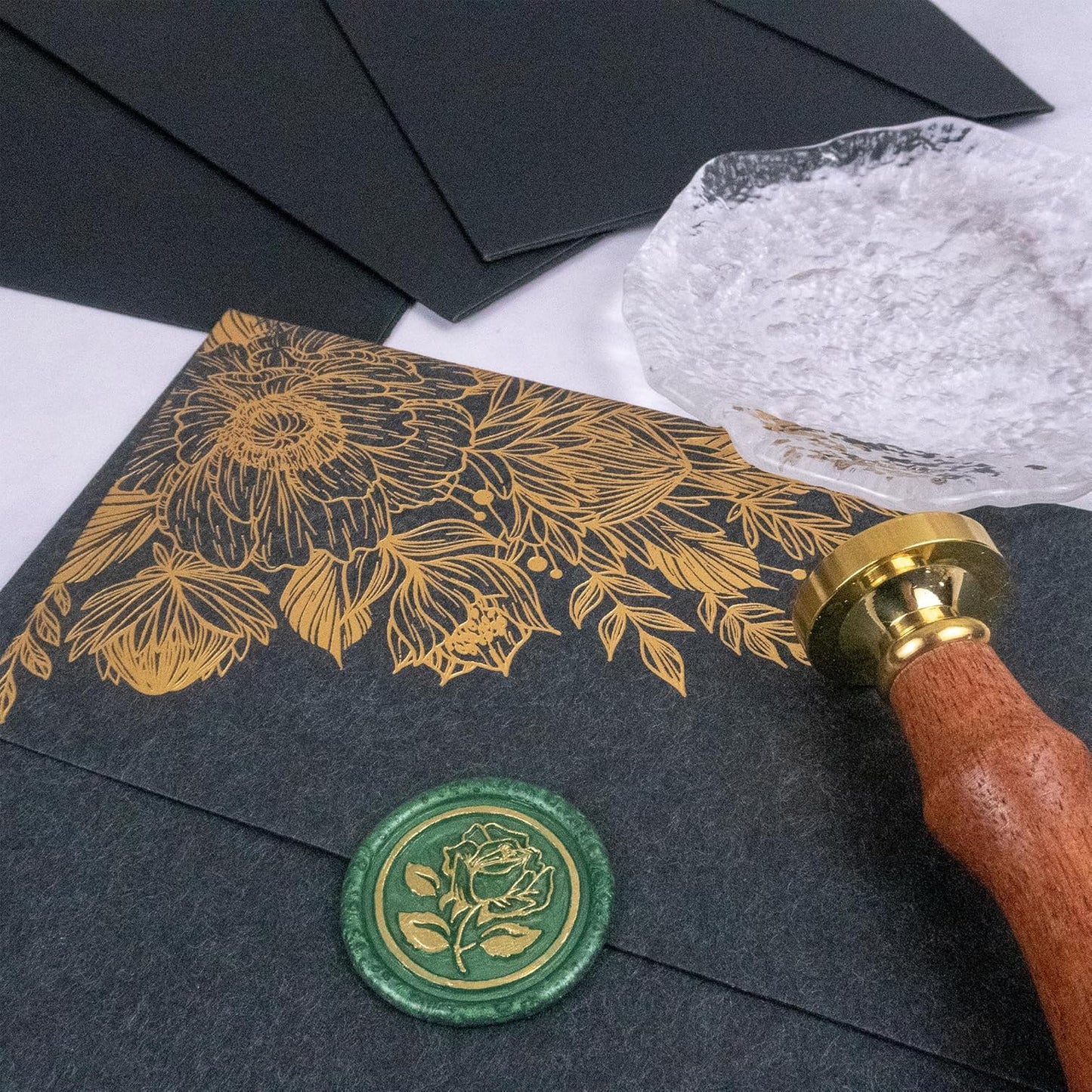 25Pcs Gold & Green Wax Seal Stickers - Handmade Envelope Seals, Self-Adhesive Wax Stickers for Wedding Party Invitations, Envelope, Gift Wrap, Christmas (Gold Rose Style, Green)