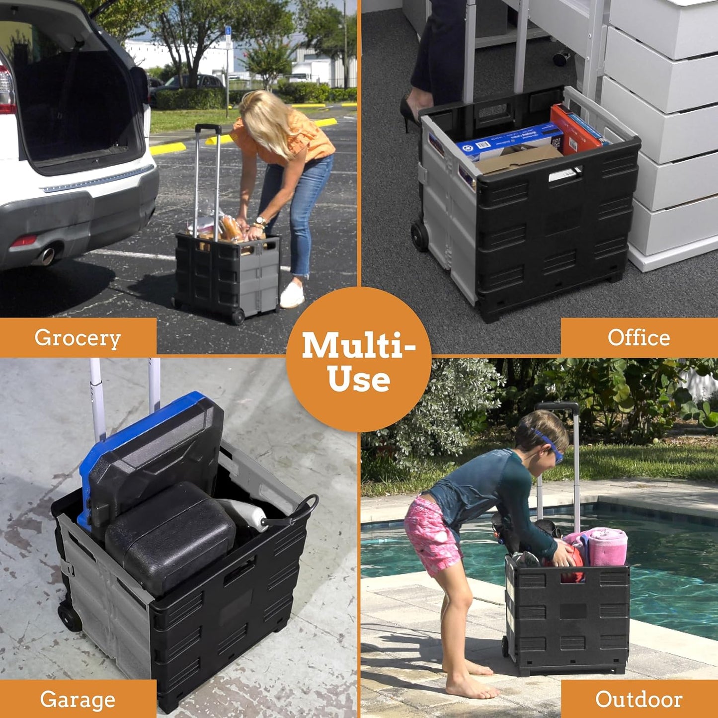 Inspired Living Ultra-Slim Rolling Collapsible Storage Pack-N-Roll Utility-carts, with Telescopic Handle, for Home, Garden, Shopping, Office, School use, Medium, Grey & Black