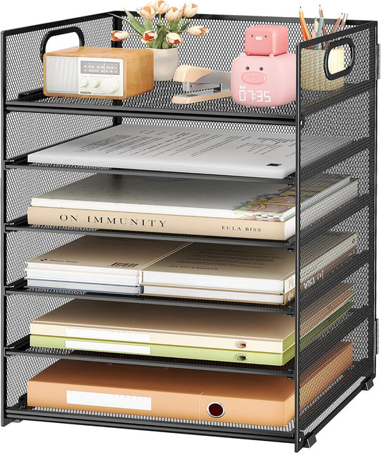 Subekyu 6 Tier Paper File Tray Organizer for Desk, Black Mesh Desk Letter Paper File Folder Accessories Sorter Organizer with Handle, Stackable Slide Tray for Office, Home or School Supplies Storage