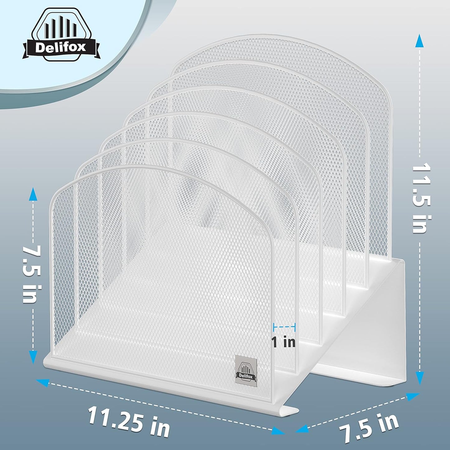 Inclined Desk File Organizer, 5-Section Vertical File Folder Holder Stand Metal Rack File Sorter for Office Classroom Desktop Organization (White, 2Pack)