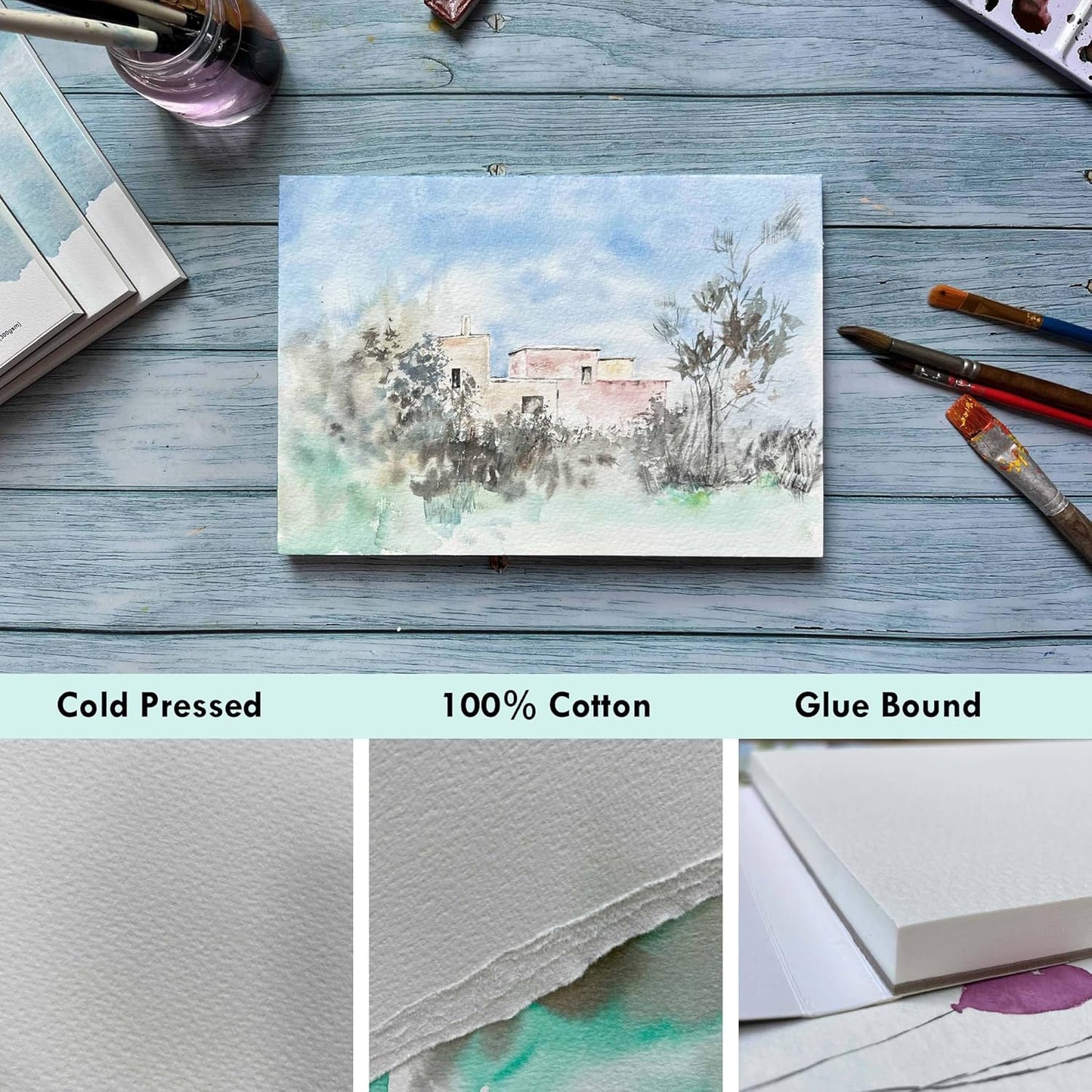 tumuarta Watercolor Paper Pad, 100% Cotton, 7x10, 140 LB, 300 GSM, 16 Sheets, 32 Pages, Acid Free, Cold Press, Watercolor Paper Mixed Media Sketch Books for Watercolors, Acrylic, Gouache