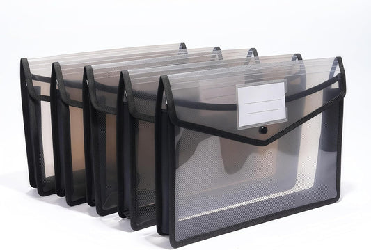 Go&Fan 5 Packs Expanding File Folder,no dividers, Plastic envelopes with snap Closure,Paper Organizer Folder with Lable Pocket (Black)