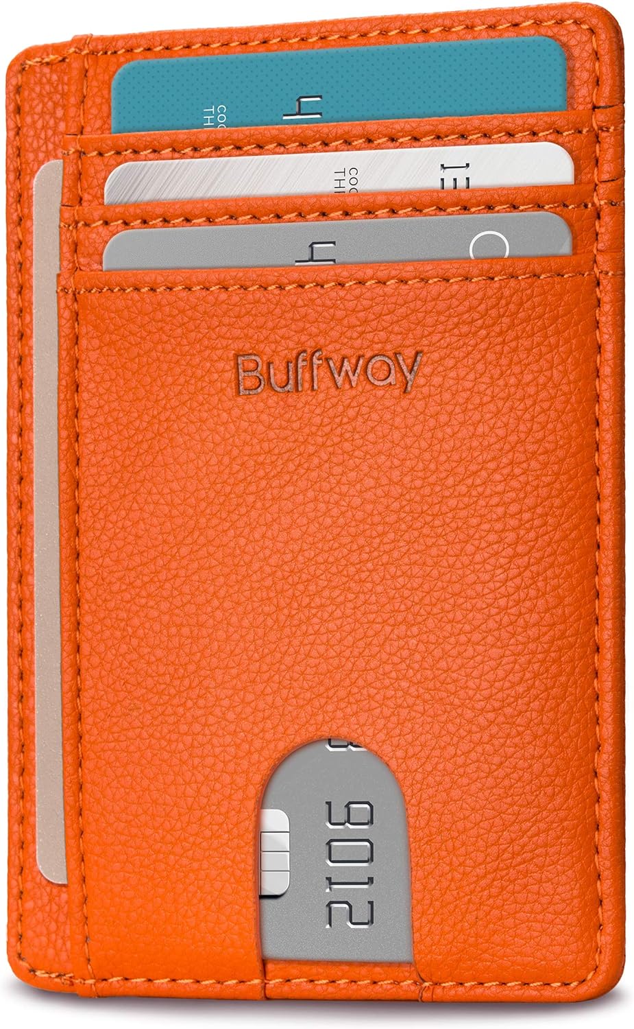 Buffway Slim Minimalist Front Pocket RFID Blocking Leather Wallets for Men and Women - Lichee Orange