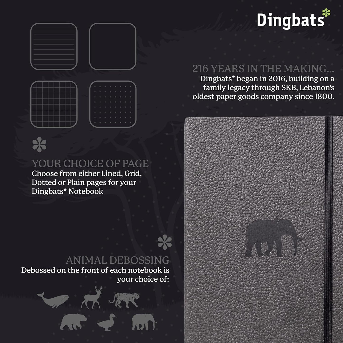 Dingbats A5+ Wildlife Notebook Journal Softcover, Cream 100gsm Ink-Proof Paper, 6 x 8.3 inches, 112 pages (Grey Elephant, Lined Format)