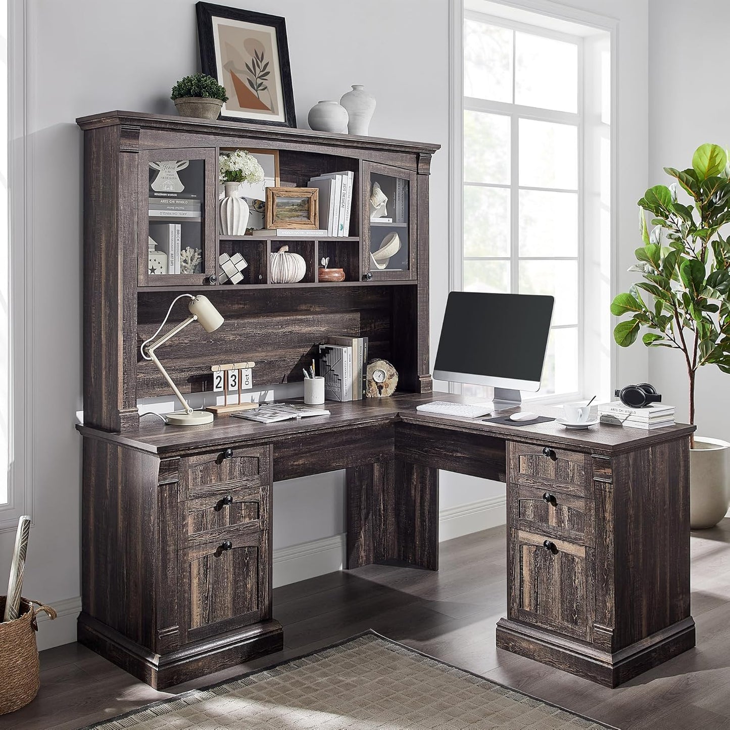 OKD 60" L Shaped Executive Desk with Hutch and Drawers, Farmhouse Home Office Desk with Charging Station, File Cabinet Storage, Wood Corner Computer Desk for Work and Study, Dark Rustic Oak