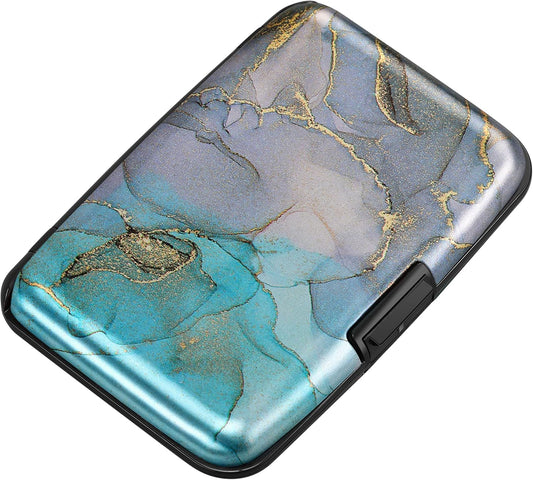 ELFISH Mini RFID Aluminum Wallet Credit Cards Holder Business Card Case Metal ID Case for Men Women（Blue Purple Marble