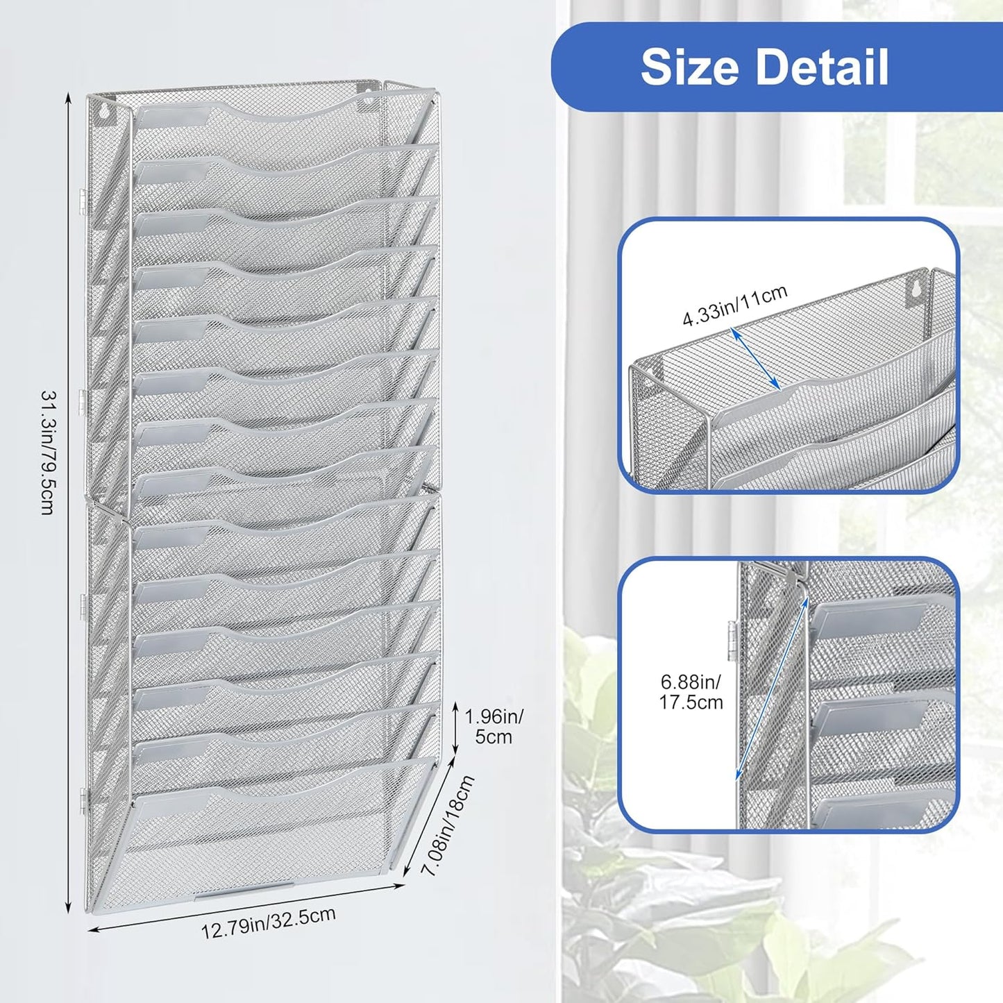 EasyPAG Wall File Holder Organizer 14 Pocket Mesh Hanging Wall Mounted Document Paper Folder Filing Magazine Rack with Nametag Label for Office Home School, Sliver