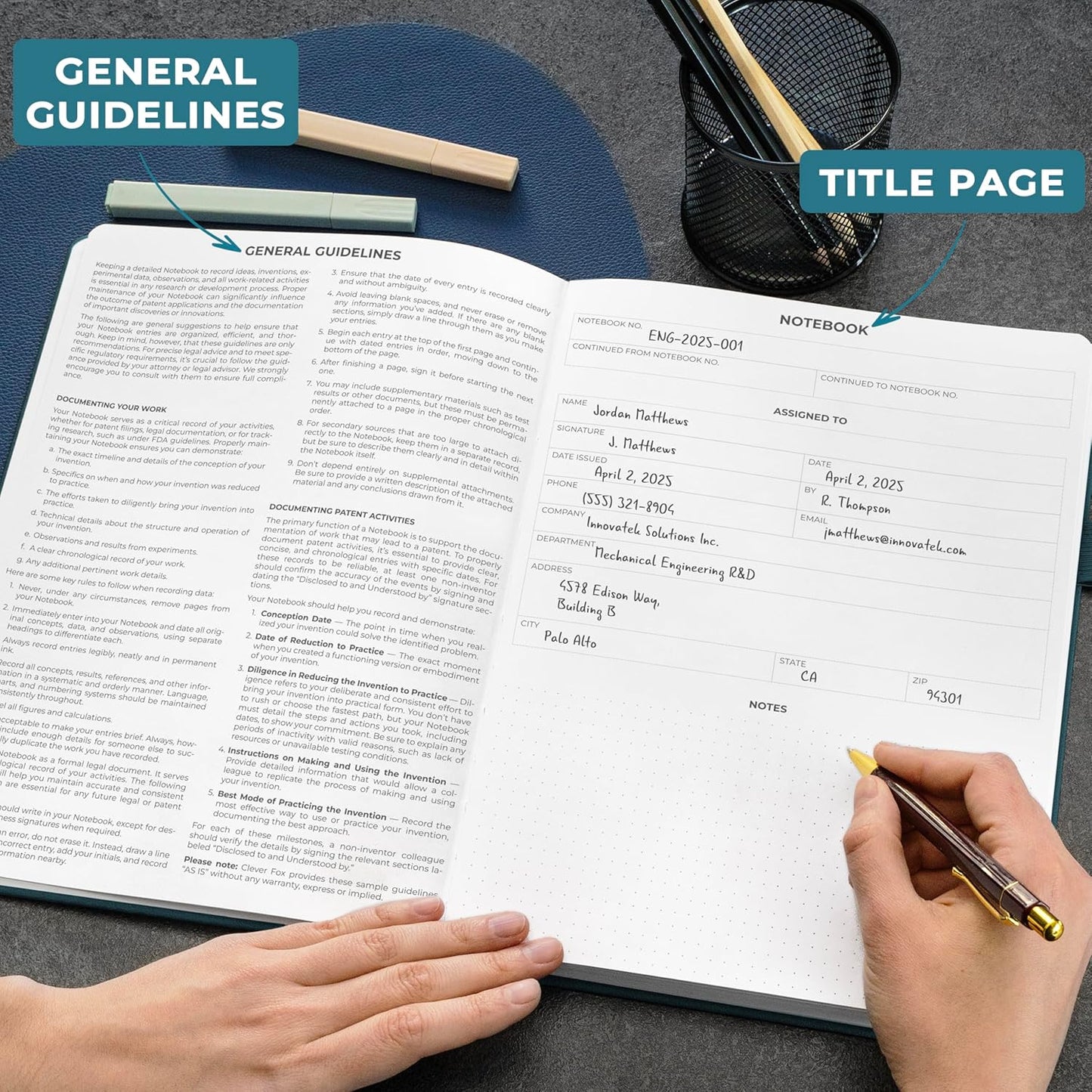 Clever Fox Engineering Notebook – Hardcover Grid Notebook with Numbered Pages, Table of Contents – Patent, Lab & Invention Journal for Engineers & STEM (Dark Teal)