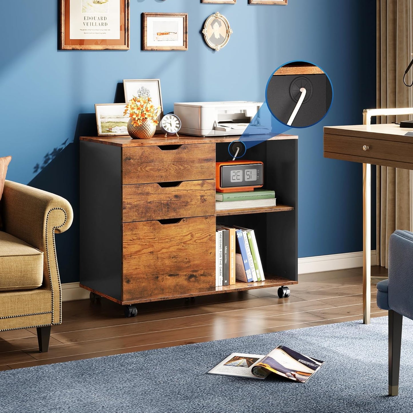 DEVAISE 3-Drawer Wood File Cabinet, Mobile Lateral Filing Cabinet, Printer Stand with Open Storage Shelves for Home Office, Rustic Brown