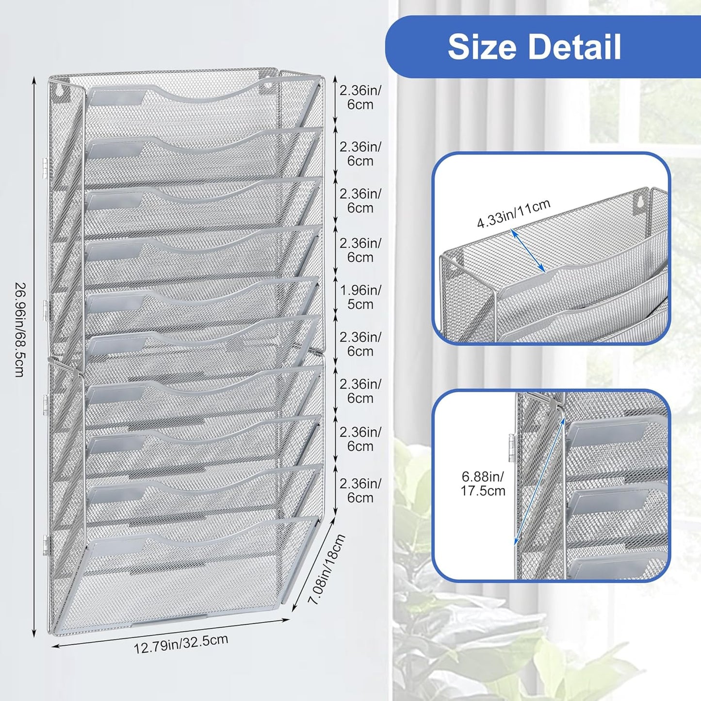 EasyPAG Wall File Holder Organizer 10 Pocket Mesh Hanging Wall Mounted Document Paper Folder Filing Magazine Rack with Nametag Label for Office Home School, Sliver