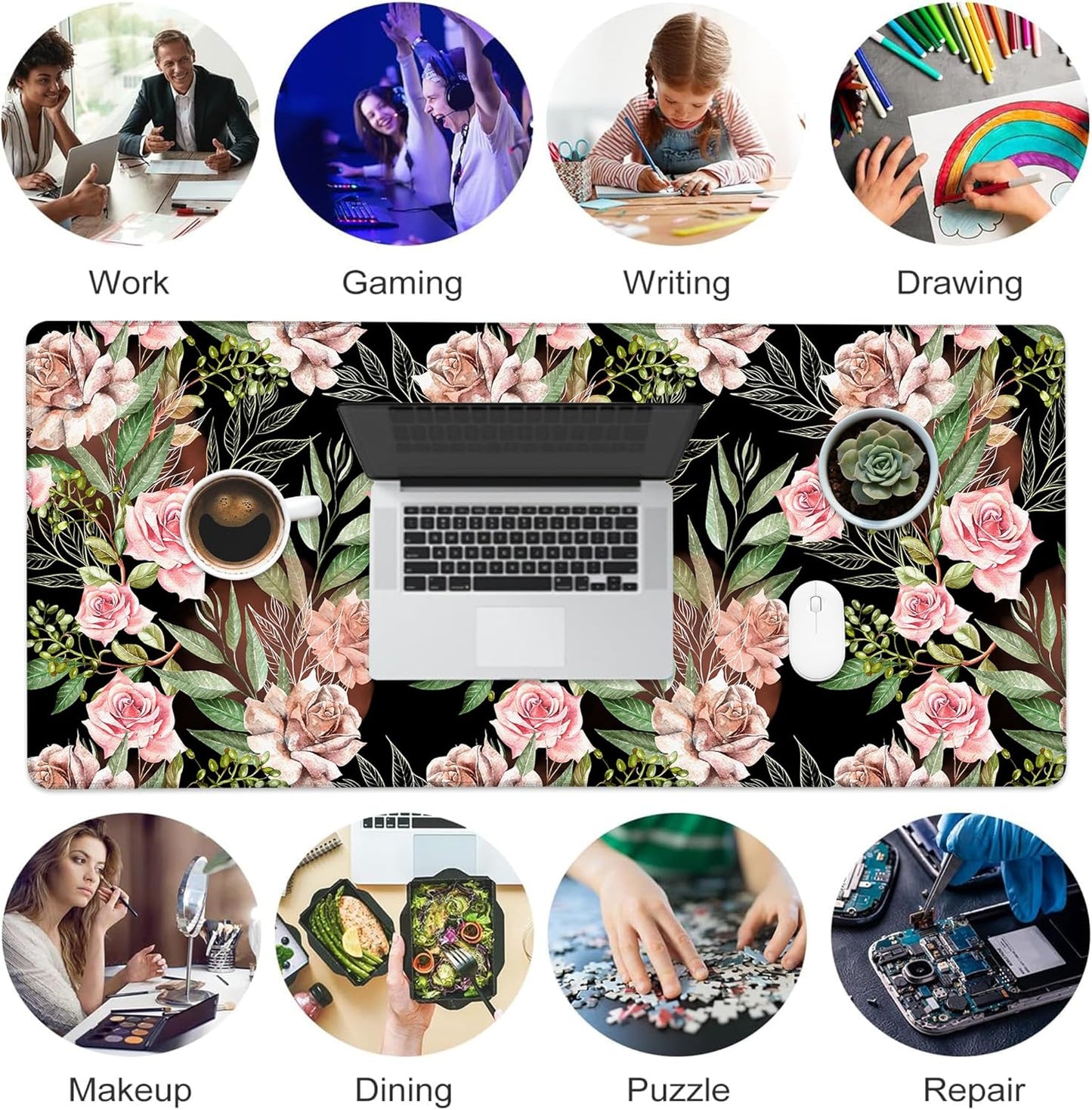 Desk Mat, Watercolor Rose Flowers Eucalyptus Leaves Large Gaming Mouse Pad with Non-Slip Base Stitched Edges,Desk pad for Keyboard and Mouse Home Office 35.4"x15.7"