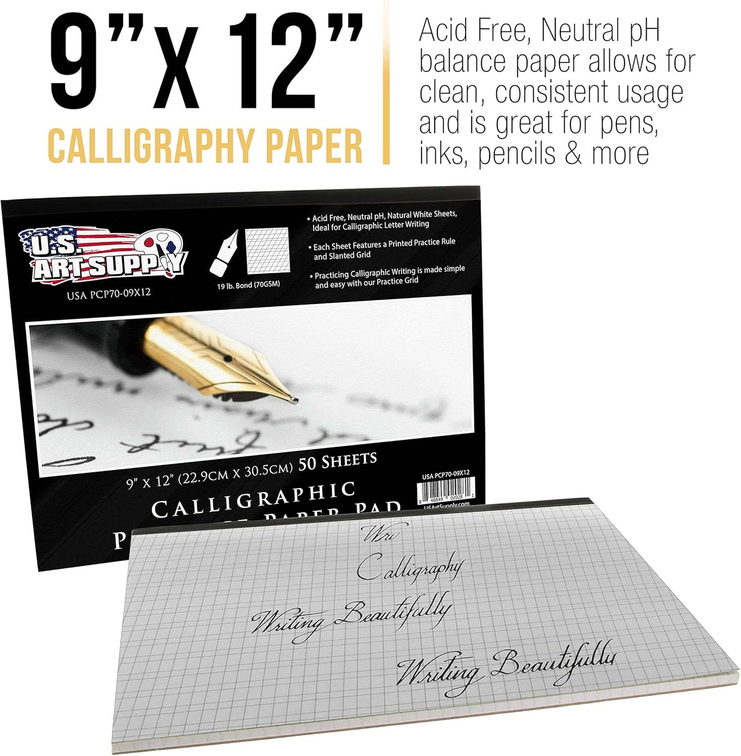 U.S. Art Supply (Pack of 2 Pads) - 9" x 12" Premium Calligraphic Practice Paper Pad, 19 Pound Bond (70gsm), Pad of 50-Sheets, Calligraphy Paper with Printed Practice Rule and Slanted Grid