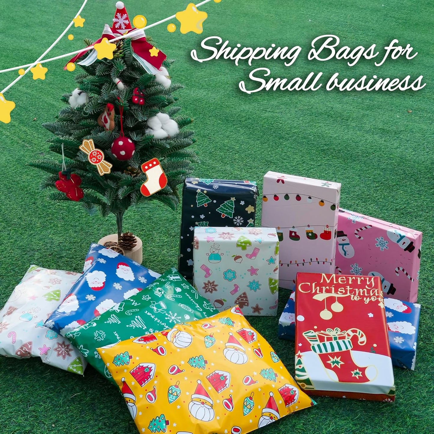 Christmas Poly Mailer - 12x15.5 Inch, 50 Pcs Waterproof Shipping Bags for Clothing, Tear-Resistant, Strong Mailing Bags with Self-Seal - Santa Claus and Snowflakes Printed