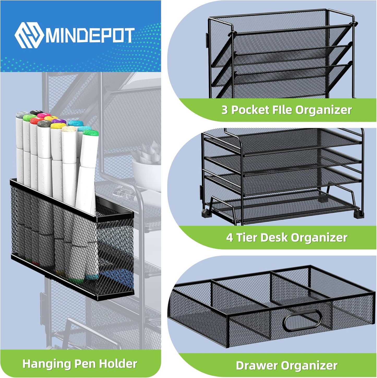 4-Tier Paper Organizer + 3-Pocket File Holder + Drawer + Pen Holders, Desktop File Organizers Paper Tray for Office Accessories School Classroom Organization (Black)