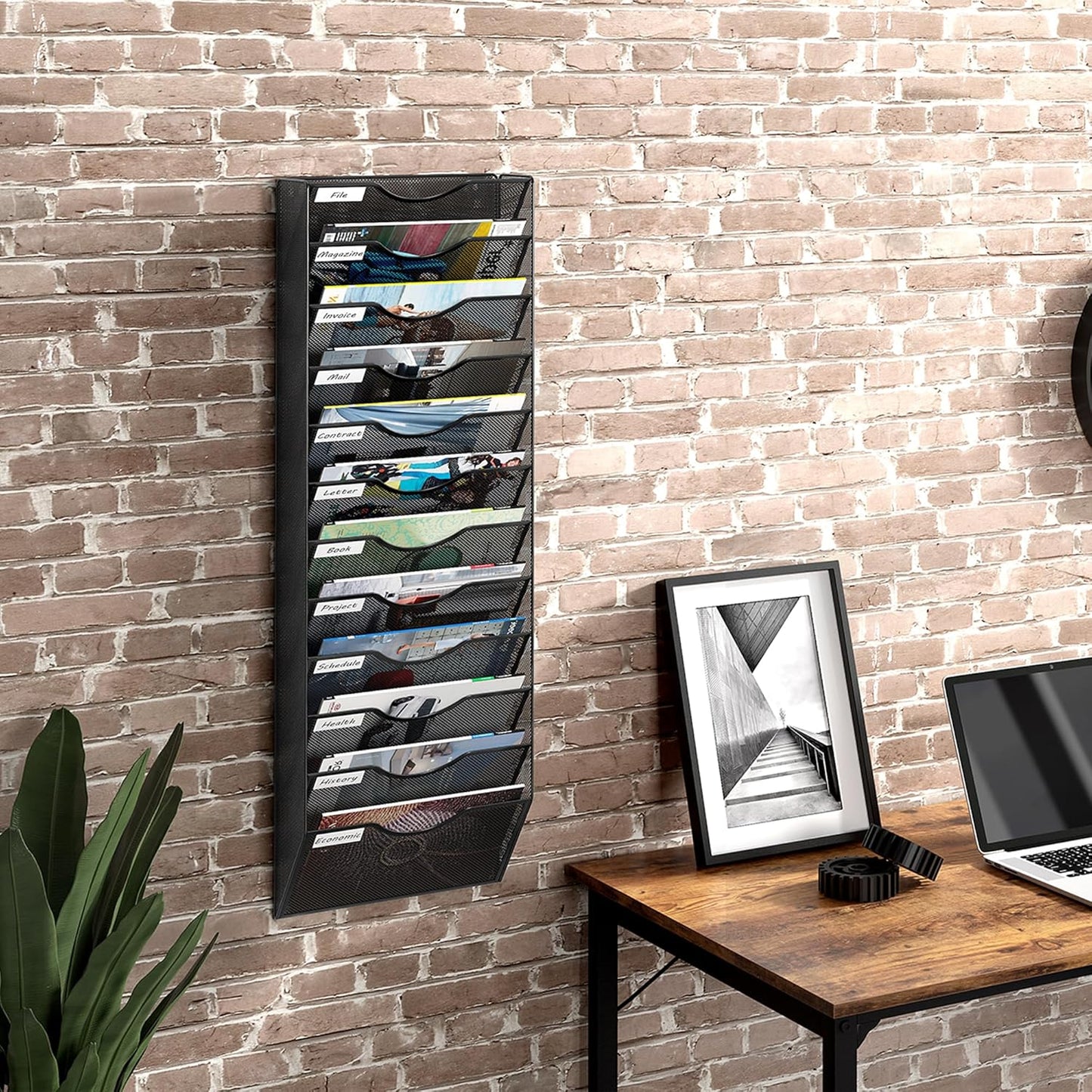 12 Tier Hanging Wall File Holder, Metal A4 Wall Mounted Document Holder, Vertical Hanging Mail Organizer, Magazine Storage Rack for Office Home Classroom, Black