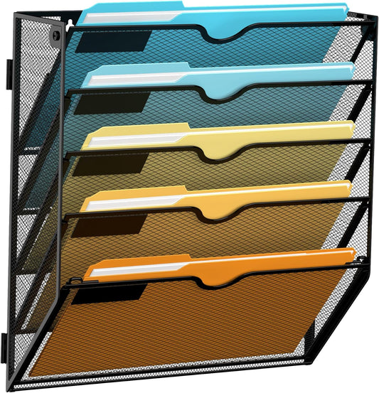 SUPEASY 5-Tier Wall File Organizer Mesh Office Mail Holder, Hanging Wall Organizer Magazine Rack for Office Black