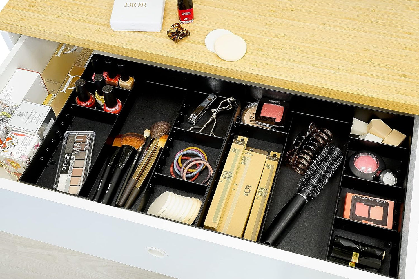 CAXXA 3 Slot Drawer Organizer with 4 Adjustable Dividers - Junk Drawer Storage for Makeup & Vanity, Office Desk Supplies and Accessories (BLACK, 1 PACK)