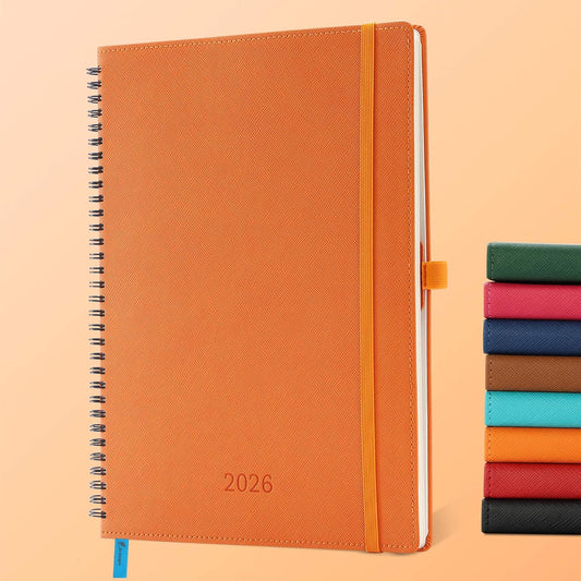 Planner 2026 Daily Weekly and Monthly,11.5"x8.5",12 Months Spiral Bound Calendar Agenda with Self-adhesive Pen Holder,2026 Appointment Book with Vegan Leather Soft Cover,Orange