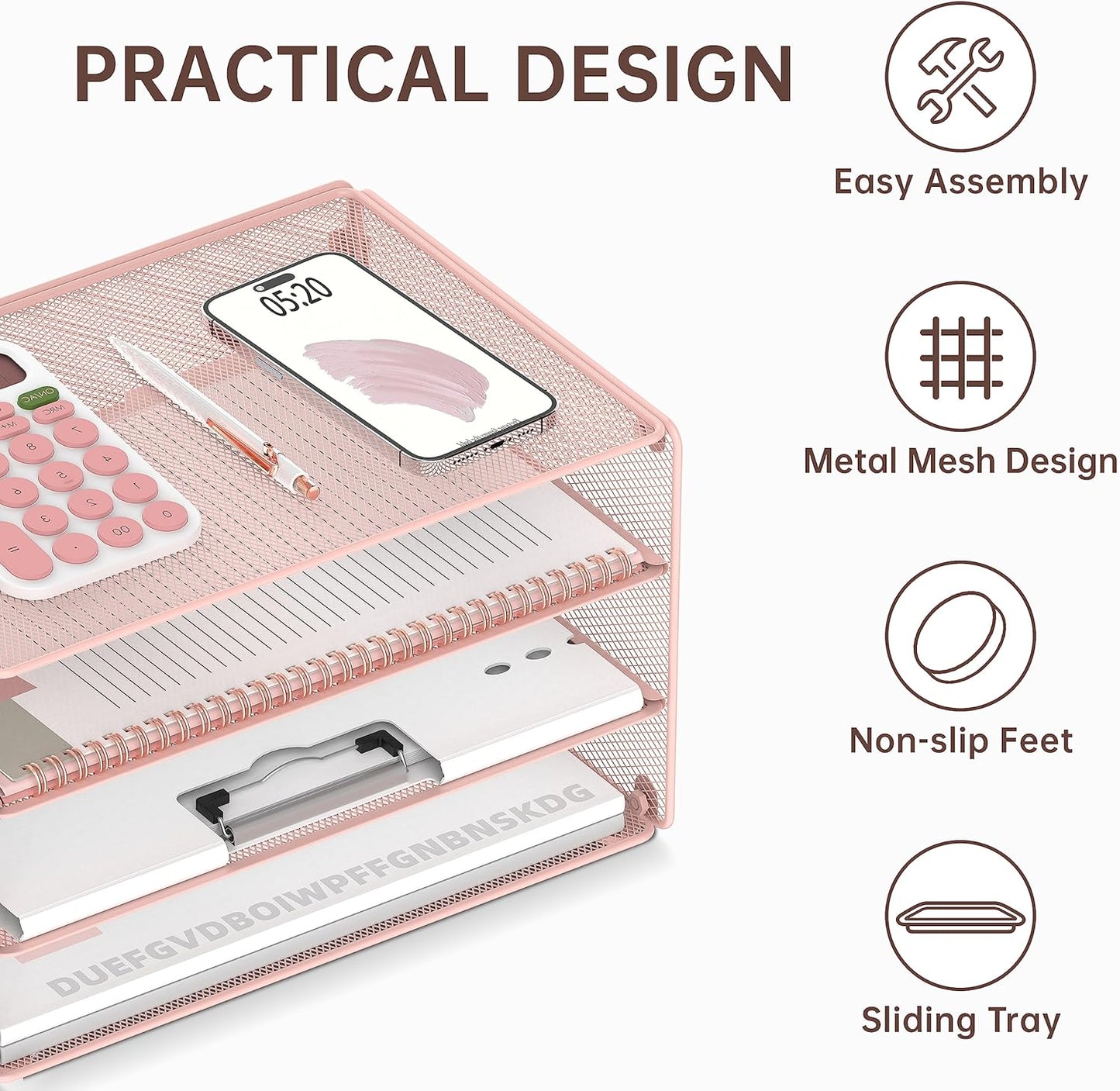 DALTACK 3 Tier Letter Tray Paper Organizer Mesh Metal Desk File Organizer for Home & Office, Pink
