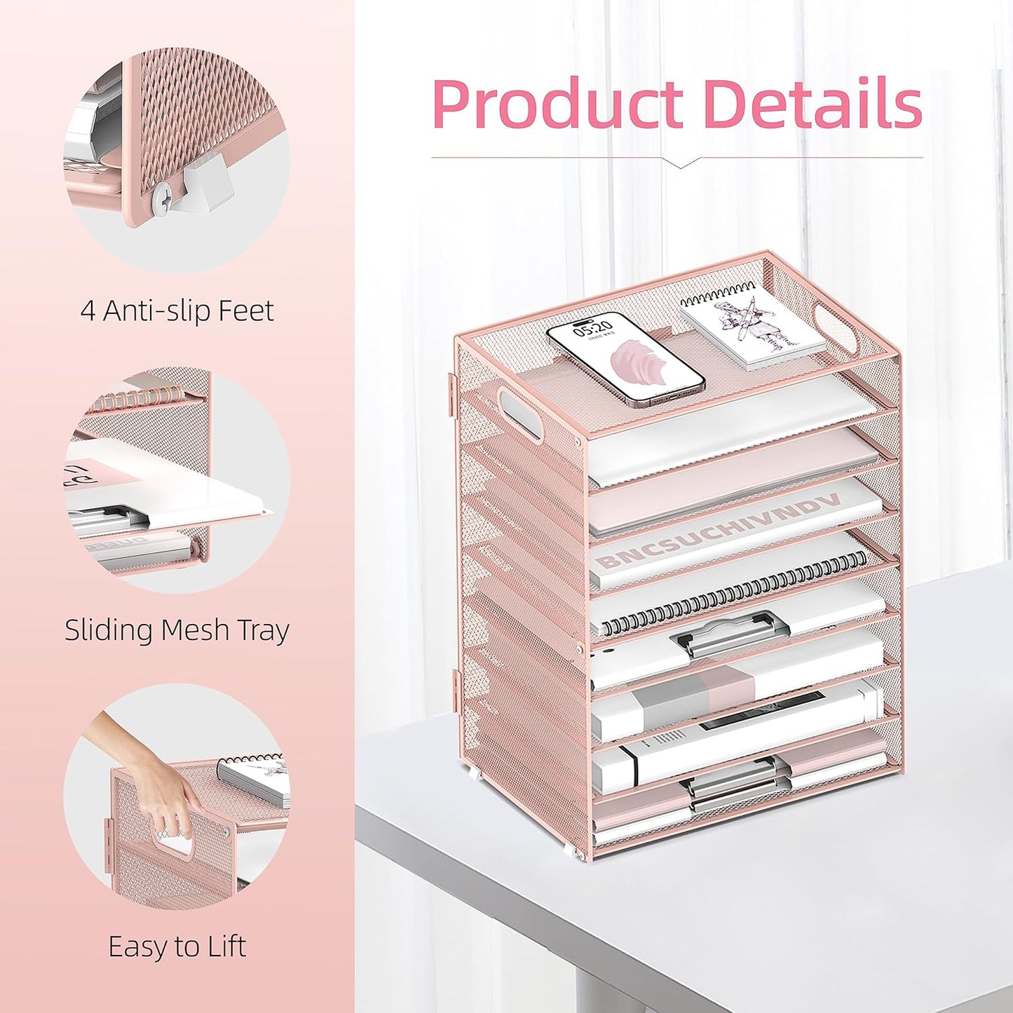 DALTACK 9-Tier Paper Letter Tray Desk Organizer with Handles, Mesh File Holder Organization, Paper Sorter Desk Organizer for Office Home School, Pink 2 Pack