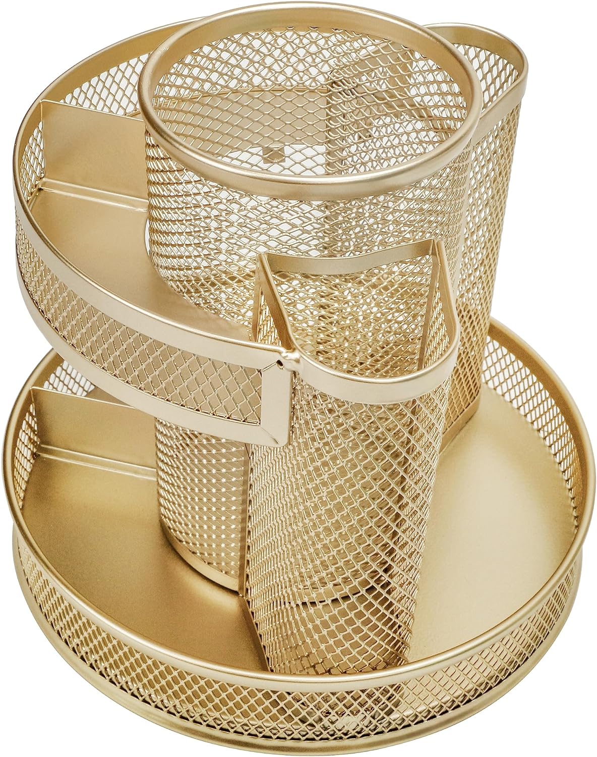 Annova Mesh Desk Organizer Rotate with 5 Compartments Round Spinning Tidy Candy/Pen Holder Desk Accessories Office, Art Supply, Storage, Classroom, Home (Gold)