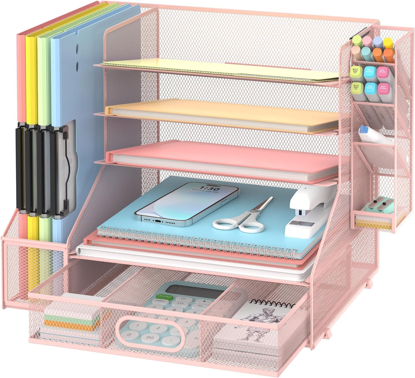 DALTACK Mesh Desk Organizer, 5-Tier Paper Letter Tray with File Holder & Pen Holder & Sliding Drawer, Desktop Organizer and Storage for Desk Accessories Office Supplies, Pink