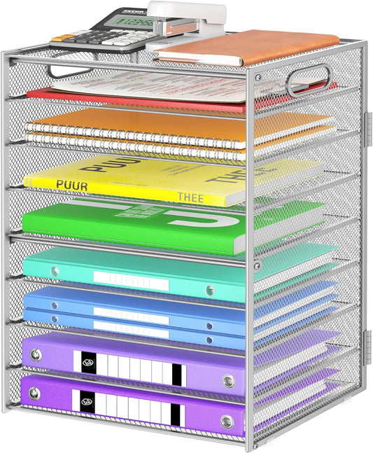 9 Tier Paper Organizer with Handle, Large Capacity Desk Organizer Mesh File Folder Letter Paper Tray Desktop Document Sorter for Classroom, School, and Office Accessories Organization- Silver